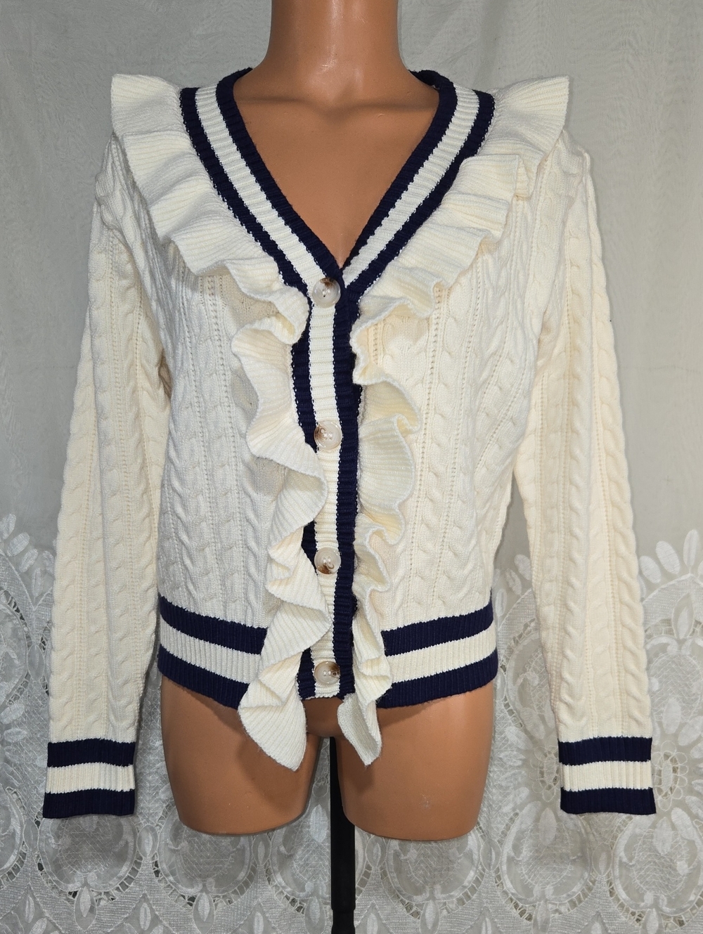 Lumiere Cream And Navy Sweater Cardigan Size Small